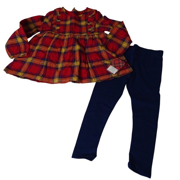 Tahari 2 Piece Red Plaid Flannel Dress with Blue Leggings Set Girls Size 4T NEW - Picture 1 of 8